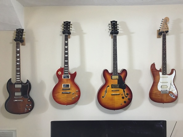 Rickson 335 Semi-Hollowbody guitar Serial No. 1 with Gibson SG, Les Paul and Fender Select Strat