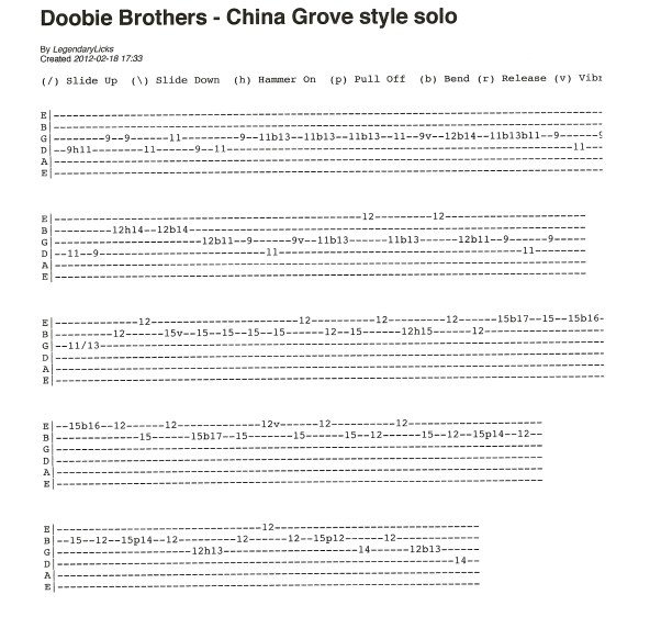 Doobie Brothers - China Grove style solo tablature