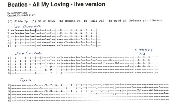 Beatles - All My Loving style - live version tablature
