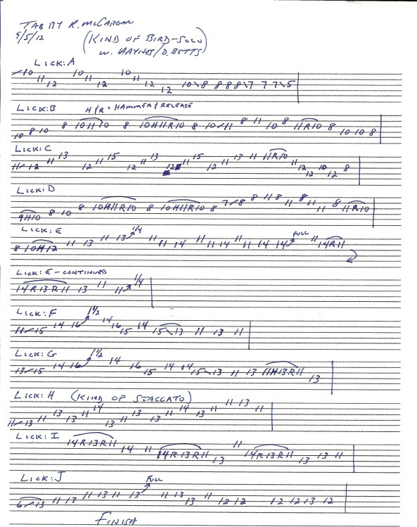 Allman Brothers Band Kind of Bird guitar solo tablature