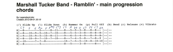 Marshall Tucker Band – Ramblin’ – basic guitar chord progression 