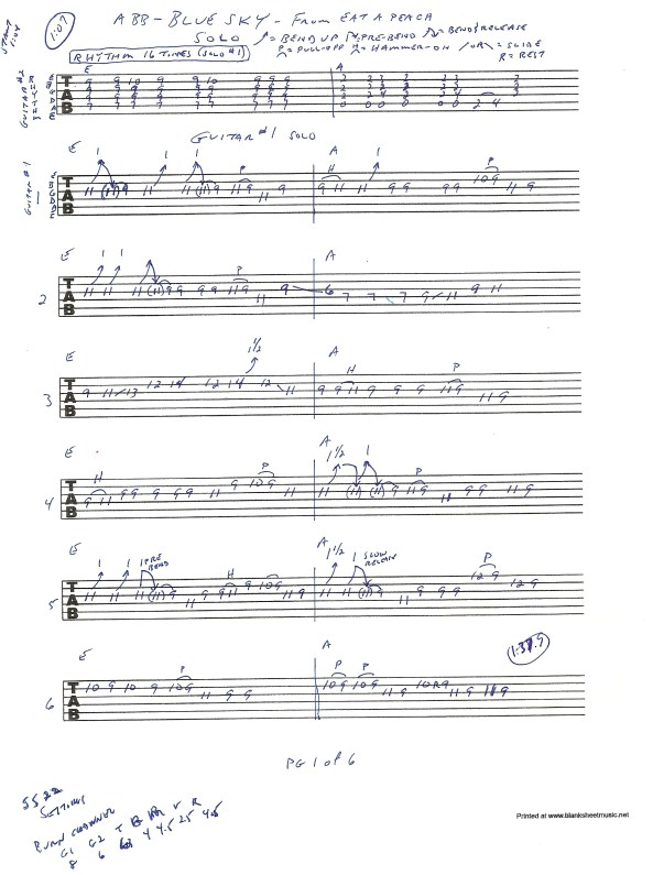 Allman Brothers - Blue Sky guitar solos tab 1 of 6
