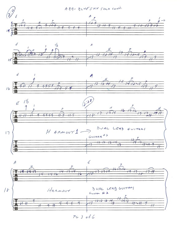Allman Brothers - Blue Sky guitar solos tab 3 of 6