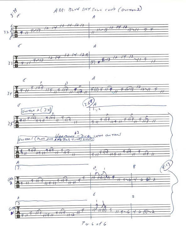 Allman Brothers - Blue Sky guitar solos tab 6 of 6