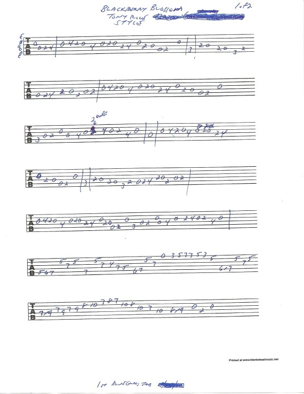 Guitar tablature for Blackberry Blossom in the style of Tony Rice - pg 1 of 2