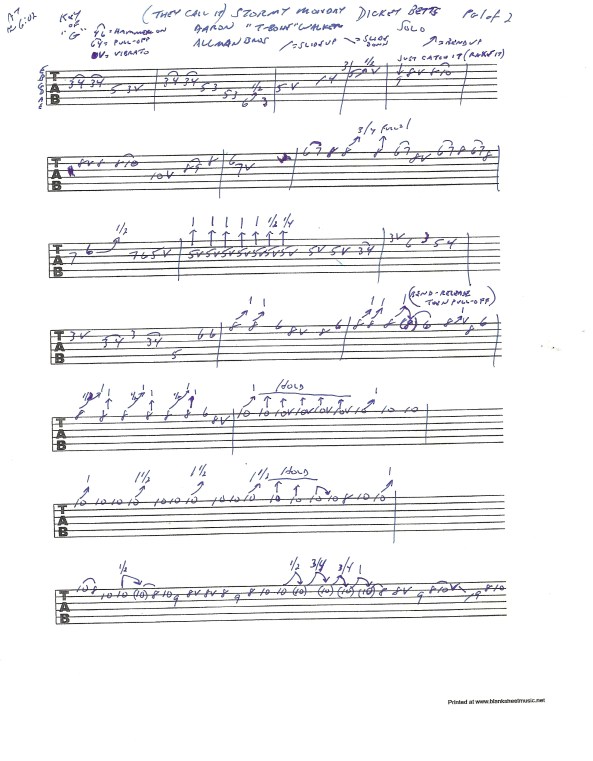 Allman Brothers Stormy Monday - Dickey Betts guitar solo tablature page 1 of 2